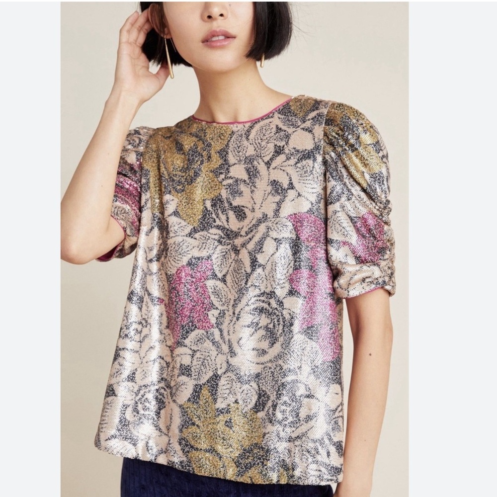 NWT Anthropologie Sequin Floral Puff Sleeve Top